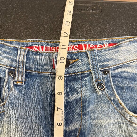 Smugglers Moon men’s Distressed Blue Jeans Size 32x33 Skull & Crossbones Cuffed - Picture 7 of 12